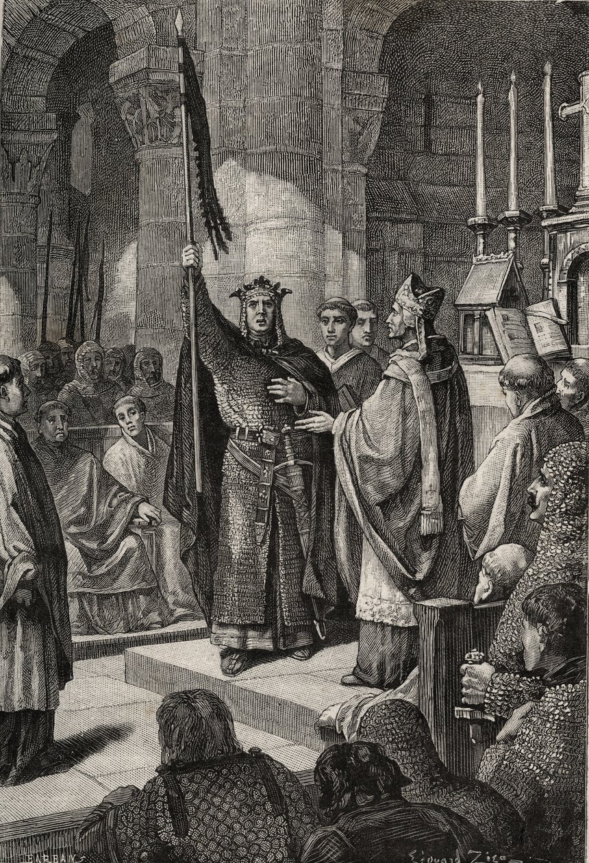 Kuningas Ludvig VII (1120-1180) ottaa oriflamen Pyhän Denisin basilikassa (Saint Denis) Akvitanian kuningatar Alienorin läsnäollessa ja vastaanottaa paavi Eugenius III:n (? -1153) käsistä pelerin kimalaisen ja pannetieren. ennen lähtöään tekijältä French School