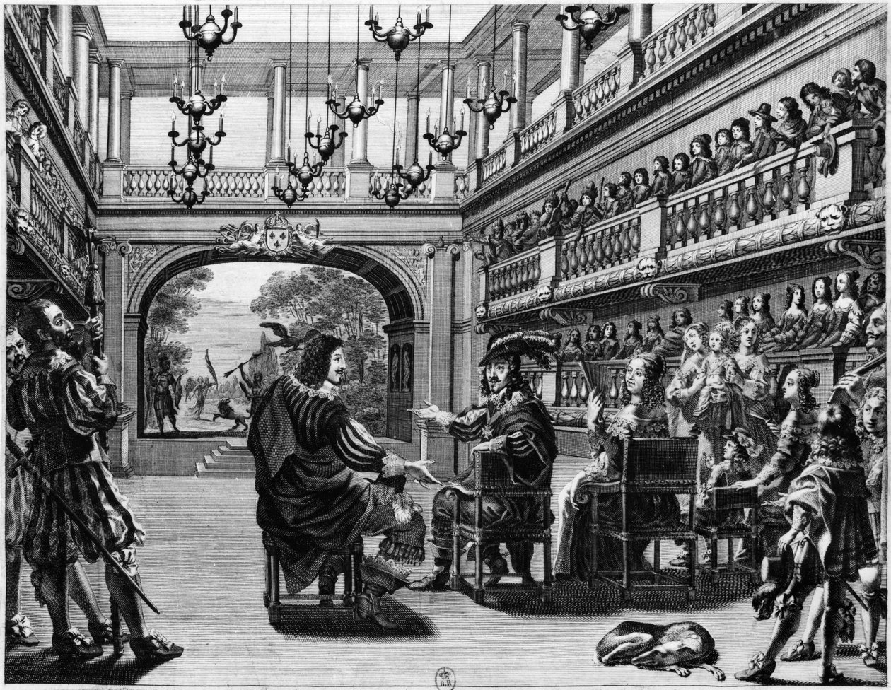 Kuningas Ludvig XIII (1601-43) ja Itävallan kuningatar Anna (1601-66) Mirame-elokuvan tuotannossa Palais Cardinalissa, Pariisissa, 1641 tekijältä French School