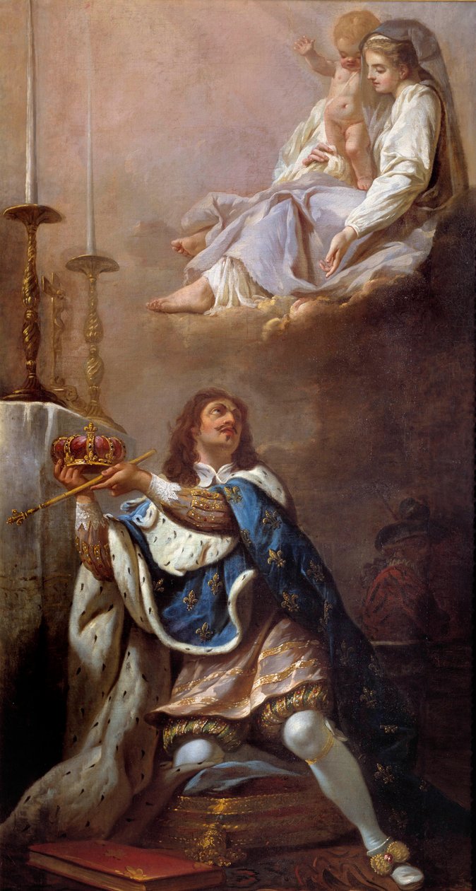 Kuningas Ludvig XIII tarjosi kruunuaan ranskalaisen koulun neitsytmaalaukselle. 1700-luvun Versailles. Versaillesin Neitsyt Marian kirkko tekijältä French School