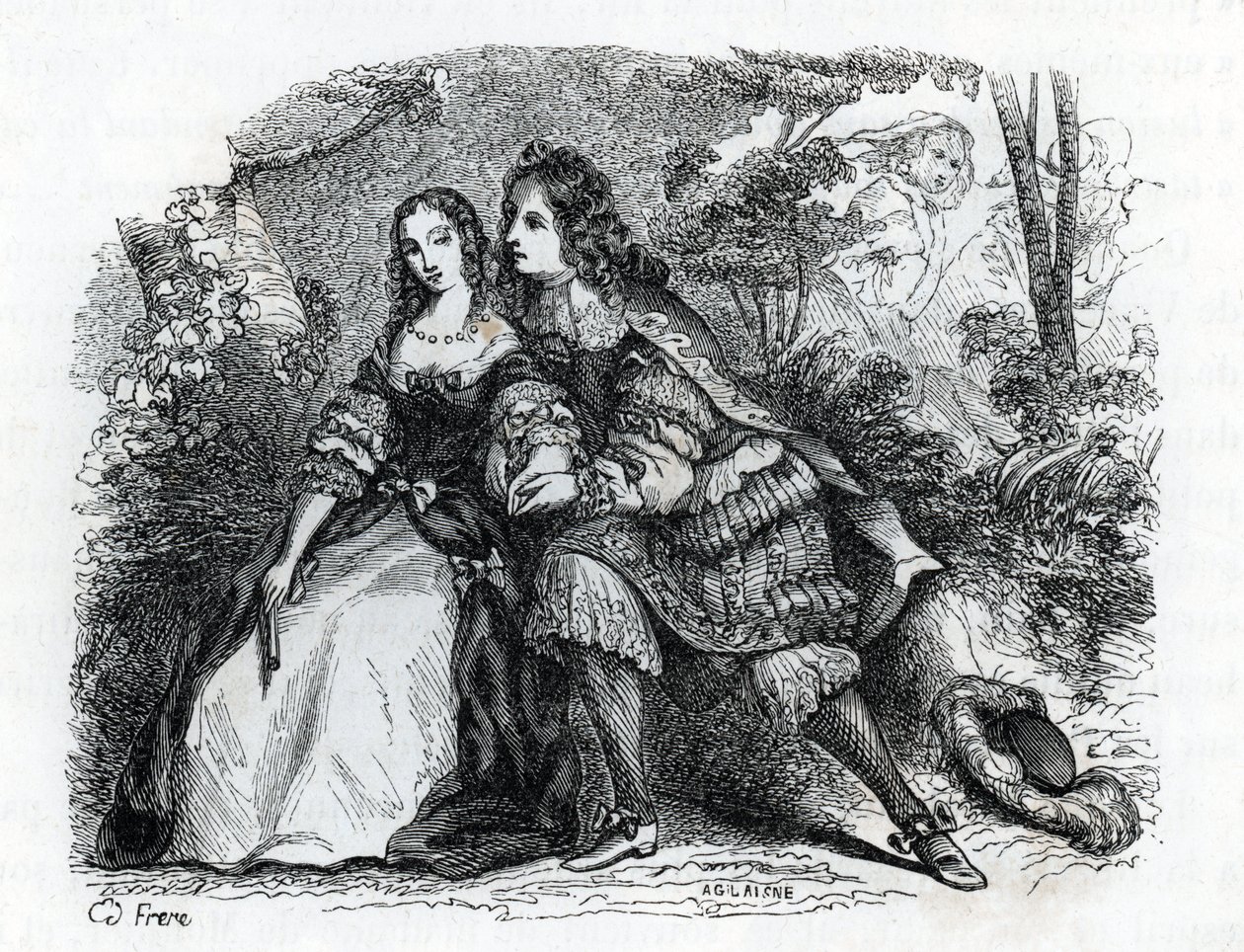 Kuningas Ludvig XIV (1638-1715) ja hänen rakastajatar Louise de La Valliere (1644-1710) - (kaiverrus) 1846 tekijältä French School
