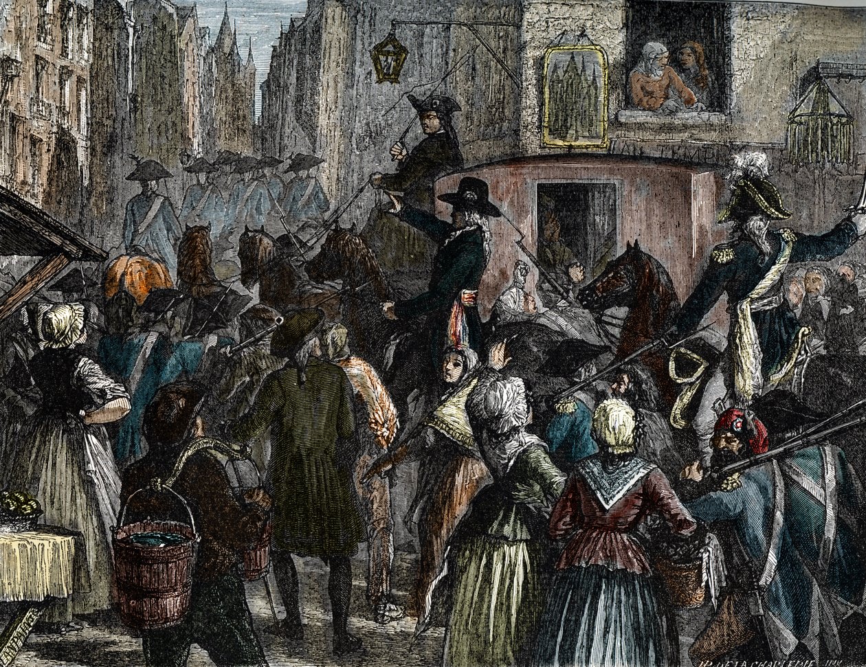 Kuningas Ludvig XVI ja hänen perheensä vietiin temppeliin (värikaiverrus) tekijältä French School