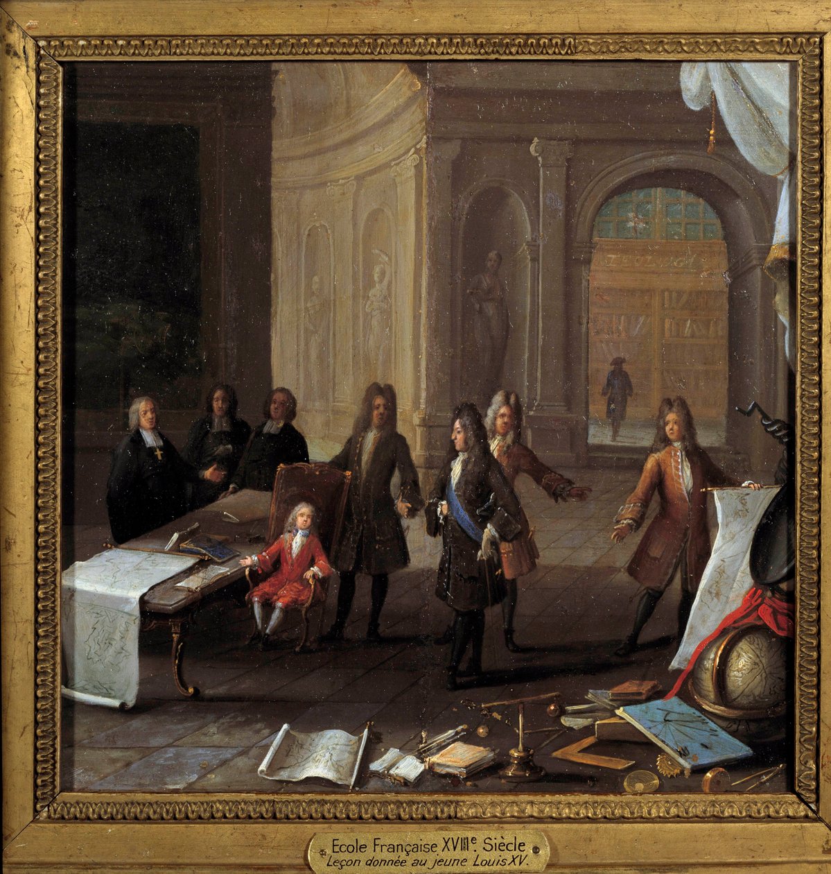 Kuningas Ludvig XV (1710-1774) lapsi saa lekonia kardinaali Fleuryn ja valtionhoitaja Philip II:n läsnäollessa Orleansin herttua (1674-1723) Nimetön maalaus 1700-luvulta, öljy kuparille Dim. 0,23 x 0,23 m Pariisi, Musee Carnavalet - Chi-opetuksen kohtaus tekijältä French School