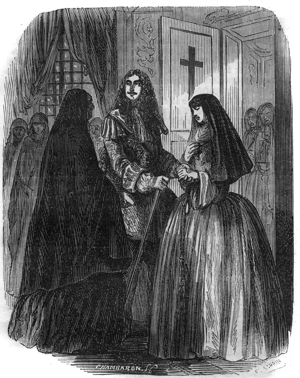 Ranskan kuningas Ludvig XIV (1638-1715) Louise Francoise de la Vallieren (1644-1710) kanssa. Kaiverrus 1800-luvulta. tekijältä French School