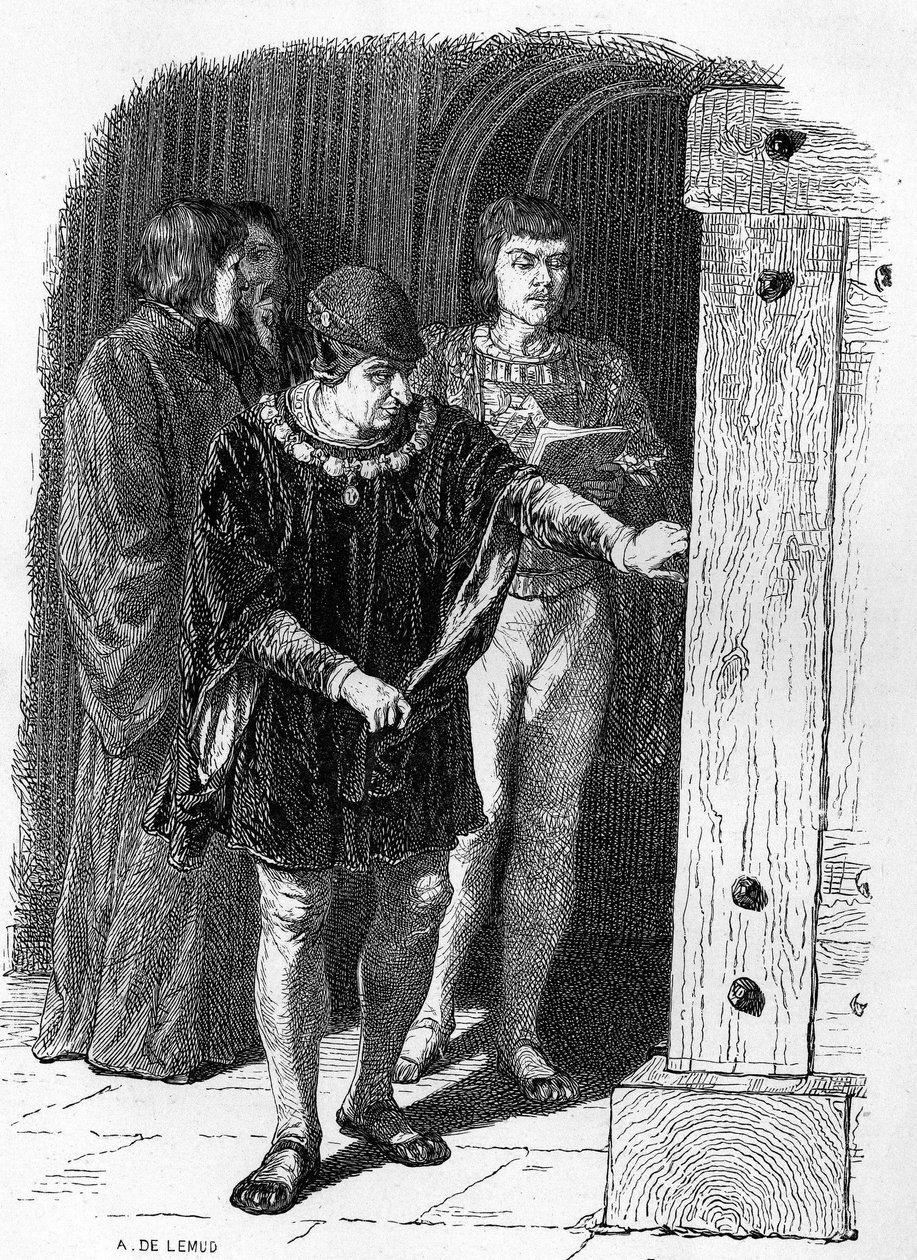 Ranskan kuningas Ludvig XI vierailemassa bastillen häkeissä. Victor Hugon kaiverrus "" Notre Dame de Paris -kirjaan". tekijältä French School
