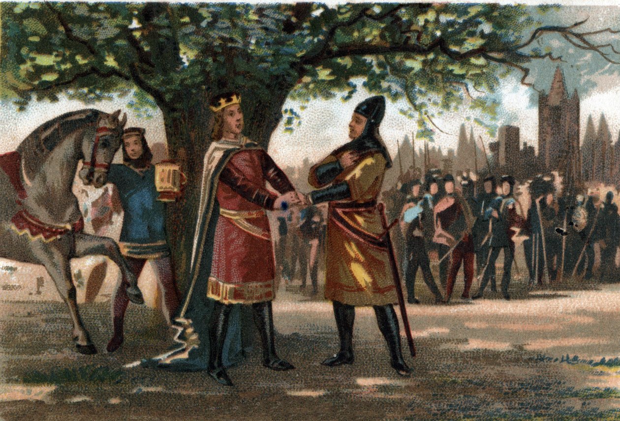 Ranskan kuningas Philippe Augustus (1165-1223) tapasi kuningas Richard Lionin sydämen Saint Denisissä Oriflamen kaappauksen aikana. Kromolitografia noin 1890. tekijältä French School