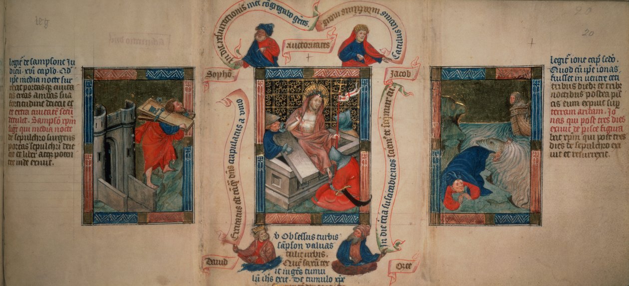 Kings 5 f.20 Ylösnousemus, Simson murtamassa Gazan portit, Joona pakenemassa valasta, Biblia Pauperumista, 1400-luvun alku (vellum) tekijältä French School