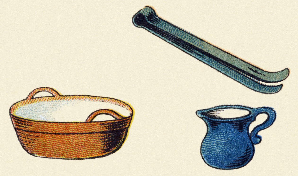 Keittiövälineet. Kaiverrus "ABC indehirable on lakattu kangas". A. Capendu, toimittaja, Pariisi, 1800-luvun loppu. Kuvitettu lastenkirjakauppa. 8 sivua. Mitat: 21,5 x 18 cm. tekijältä French School