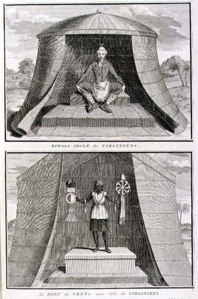 Kiwasa ja tuulien jumala, Virginian epäjumalat, kuvitus teoksesta "Uskonnolliset seremoniat ja tavat", kaiverrus Bernard Picart (1673-1733) 1721 (kaiverrus) tekijältä French School