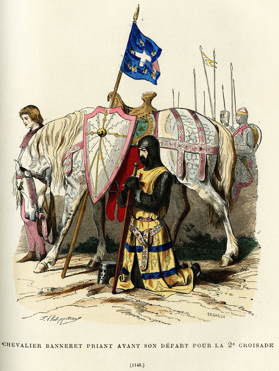 Banneret-ritari (aatelisarvonimi, joka oikeuttaa kantamaan lippua) rukoilee ennen lähtöään toiselle ristiretkelle (1147-1149). Värikaiverrus, teoksessa "France et les francais a travers les siecles", Augustin Challamel, F.Roy, Pariisi 1882. tekijältä French School