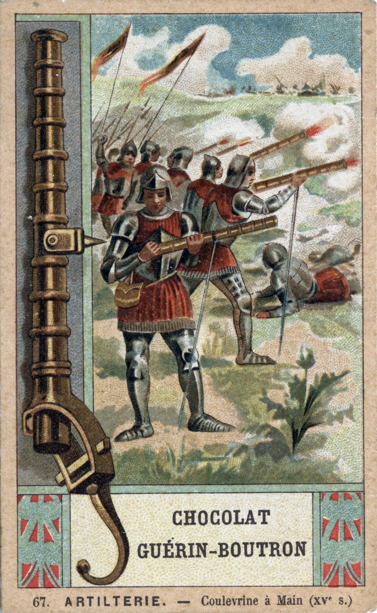 Ritari ohjaamassa käsisauvaa 1400-luvulta. Guérin-Boutron-suklaa 1800-luvun kromolitografia. tekijältä French School