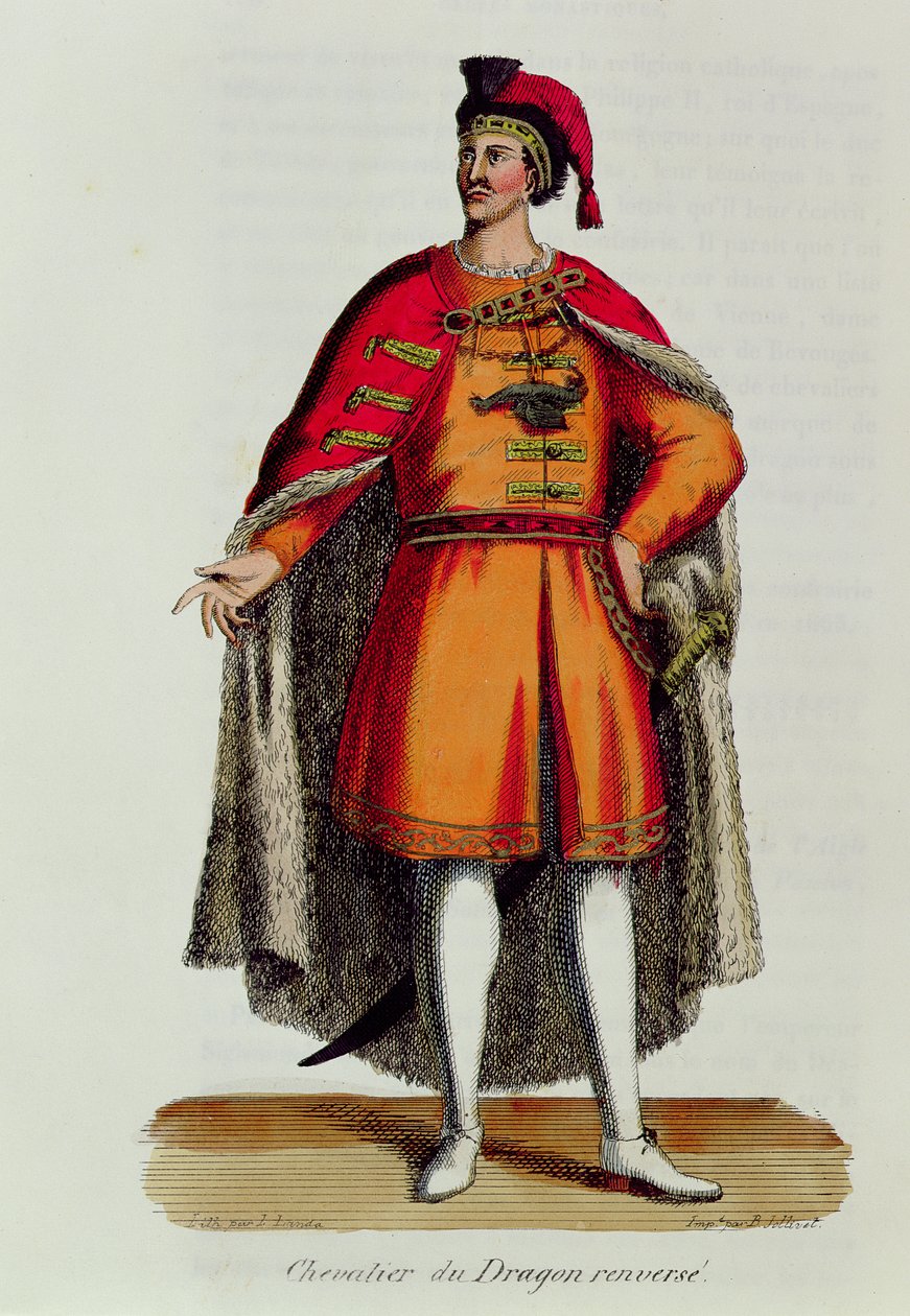 Unkarin kaatuneen lohikäärmeritarikunnan ritari, kuva Pierre Helyotin (1660-1716) teoksesta Histoire et Costumes des Ordres Monastiques, 1842 tekijältä French School