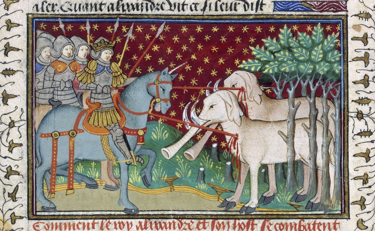 Ritarit hyökkäämässä norsuja vastaan, "Shrewsbury Talbot Book of Romances", n. 1445 (vellum) tekijältä French School