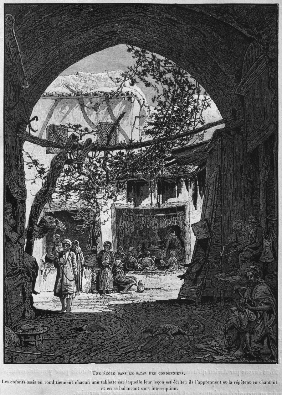 Koraanikoulu Suutarit Baazarissa, La Terre Sainte of Victor Guerin, 1884 (bw-kaiverrus) tekijältä French School