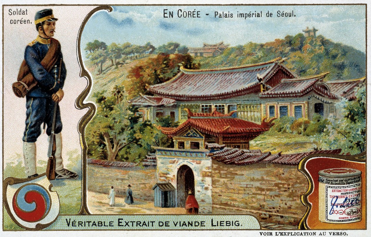 Korea: Soulin keisarillinen palatsi ja sotilaan puku - Liébig chromo, v.1900 tekijältä French School