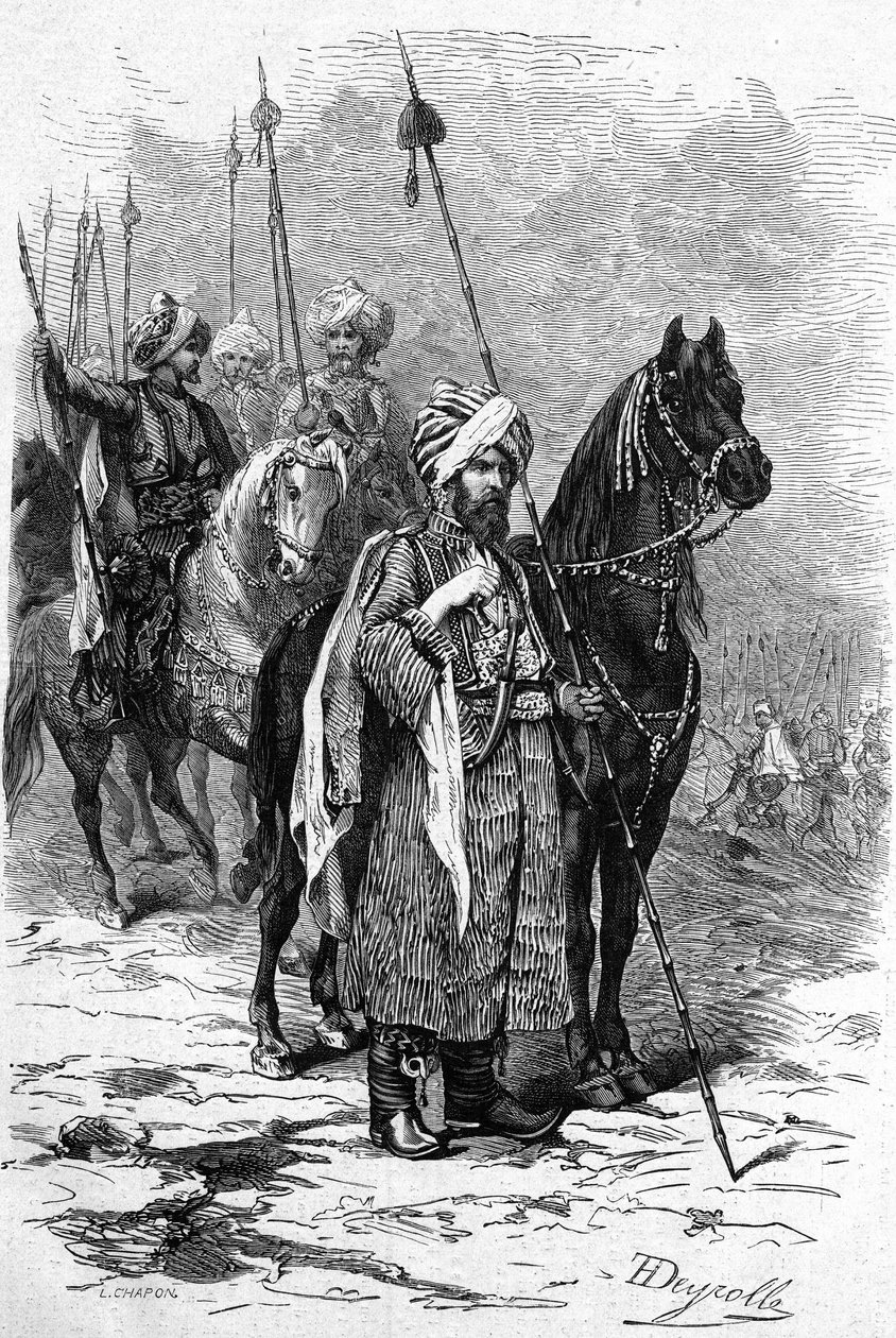 Kurdisotilaat vuonna 1877 idän sodan aikana (1875-1878) kutsuivat myös Turkin Venäjän sotaa (venäläis-turkki). Kaiverrus "" Le Monde Illustré" -julkaisussa nro 1055, 30. kesäkuuta tekijältä French School
