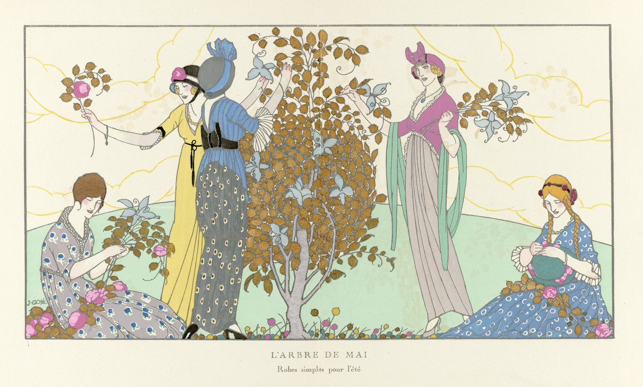 Toukokuun puu. Yksinkertaiset kesämekot La Gazette du Bon Tonista, pub. 1914 (stensiiliprintti) tekijältä French School