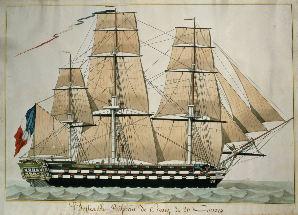 LJoustava Vaisseau de v. Rang de 90 Canons (The 90 Gun Ship of the Line) n. 1835 (wc kynällä ja musteella paperilla) tekijältä French School