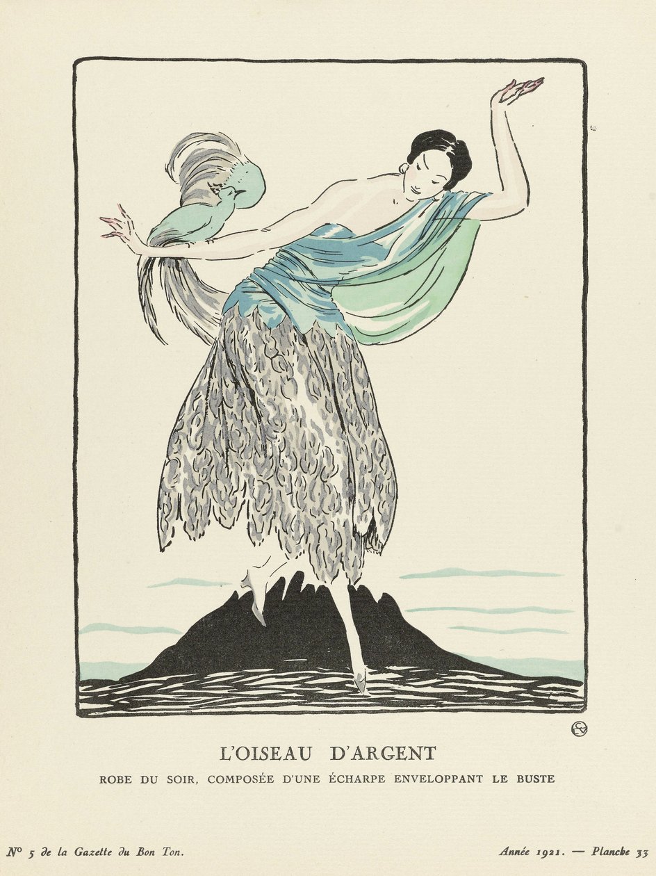 Hopealintu. La Gazette du Bon Ton -pubista peräisin oleva iltapuku, joka koostuu rintaa käärivästä huivista. 1914 (stensiiliprintti) tekijältä French School
