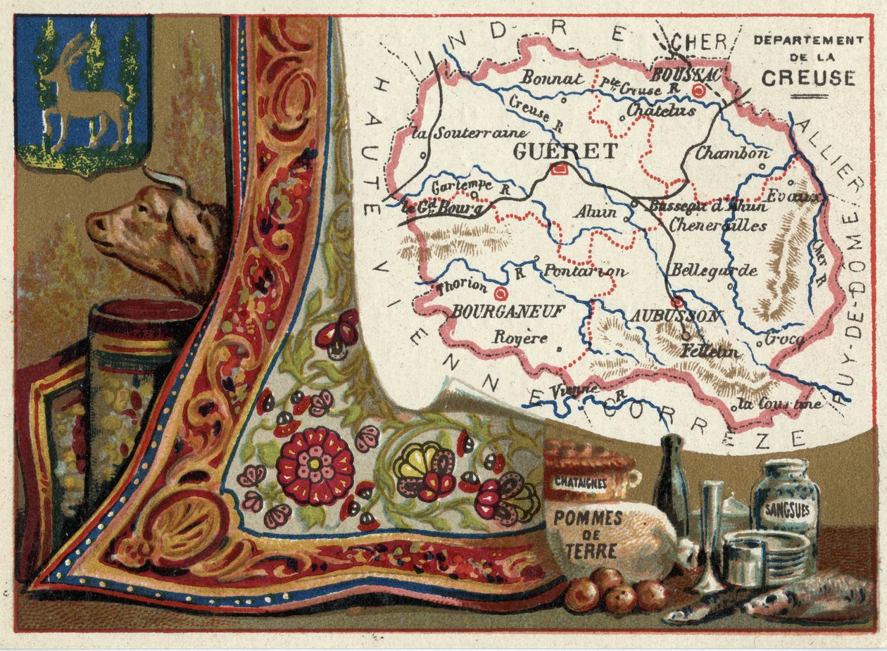 La Creuse (23), Le Limousin, Ranska. Kastanjoita, perunoita ja iilimatoja. Sarja Ranskan departementeista. Kromolitografia (Chromo) "" maantieteellinen lanka"", noin 1920. Yksityinen kokoelma. tekijältä French School