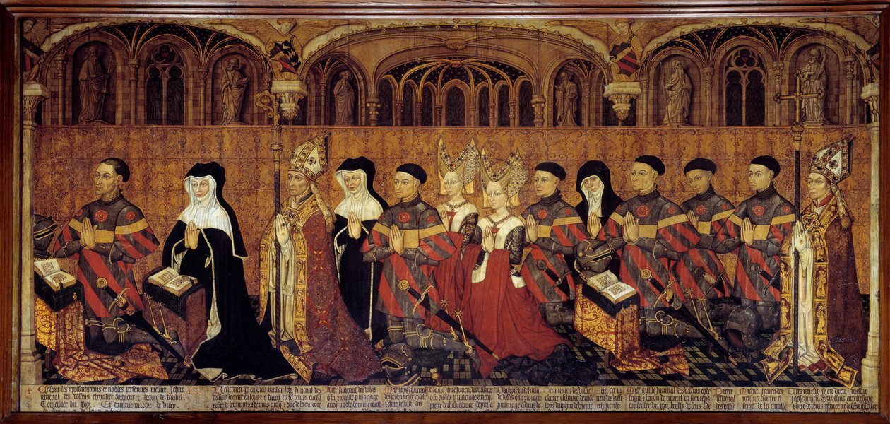 La Famille Jouvenel des Ursins Tuomari, prevot Jean Jouvenel des Ursins tai Jean Juvenal des Ursins (1360-1431), edustaa perheensä kanssa rukouksessa. Maalaus ranskalaisen koulun puulle. 1443-1449. Aurinko 1,3x3,5 m Pariisi, kansallismuseo t tekijältä French School
