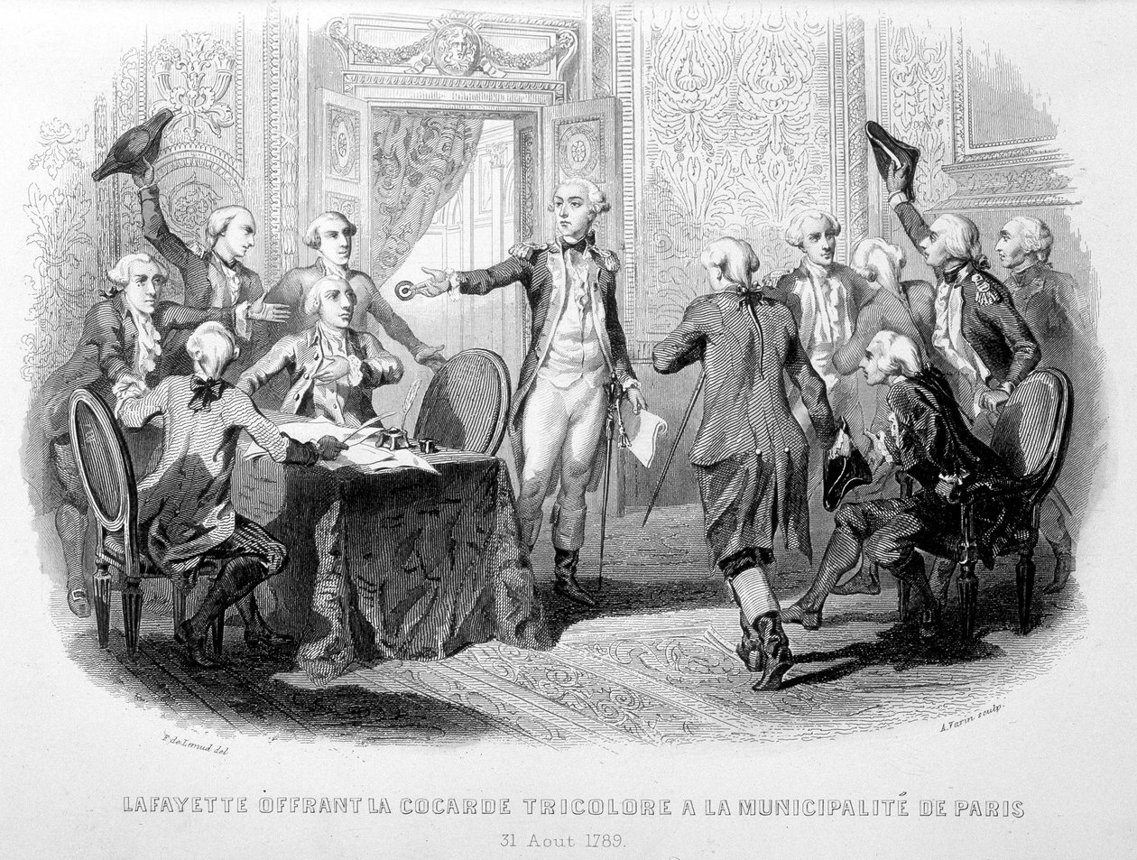 La Fayette (Lafayette) tarjoaa Cocard Tricoloren Pariisin kunnalle (31. elokuuta 1789) - "Festes de Gardes Nationales de France" -tapahtumassa" tekijältä French School