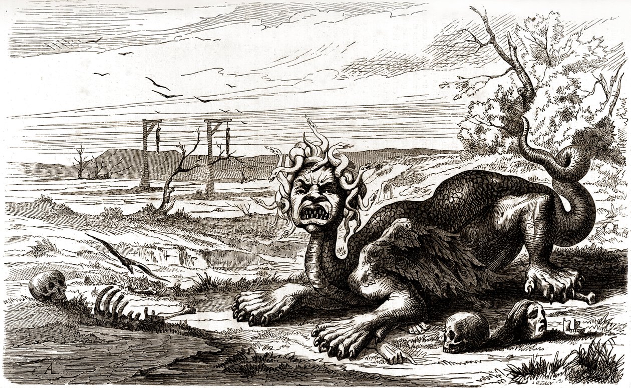 La Frond (1648-1653): hirviömäinen käärmekarvainen eläin, joka seisoo ihmisruumiiden ja luurankojen yläpuolella. tekijältä French School