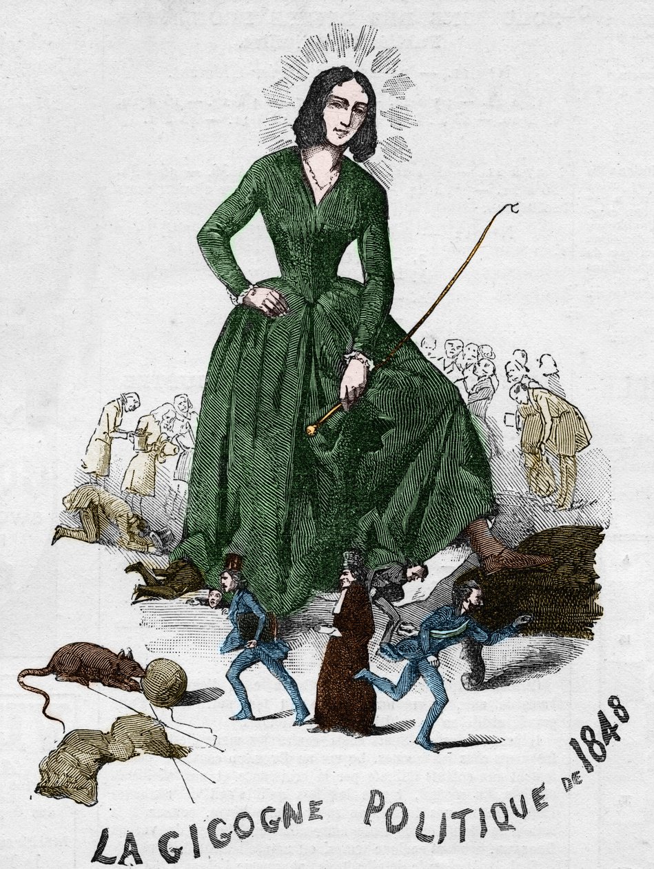 Vuoden 1848 poliittinen Gigogne (George Sand (Aurore Dupin, Baronne Dudevant) (1804-1876) ranskalainen kirjailija). Bourgesissa vuonna 1848 tehty sarjakuva Adolphe Jullienin romanttisesta kokoelmasta. tekijältä French School