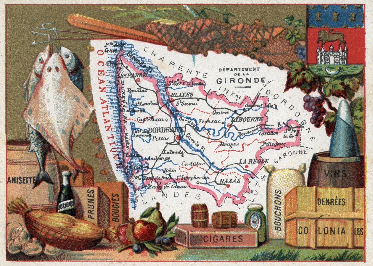 La Gironde (33), Aquitaine, Ranska. Paikallinen erikoisuus: kala, anisetti, Bordeaux-viini, luumut, kynttilät, sikarit, korkit ja siirtomaaruokaa. Sarja Ranskan departementeista. Kromolitografia (Chromo) "" maantieteellinen lanka"", noin 1920. Yksityinen k tekijältä French School
