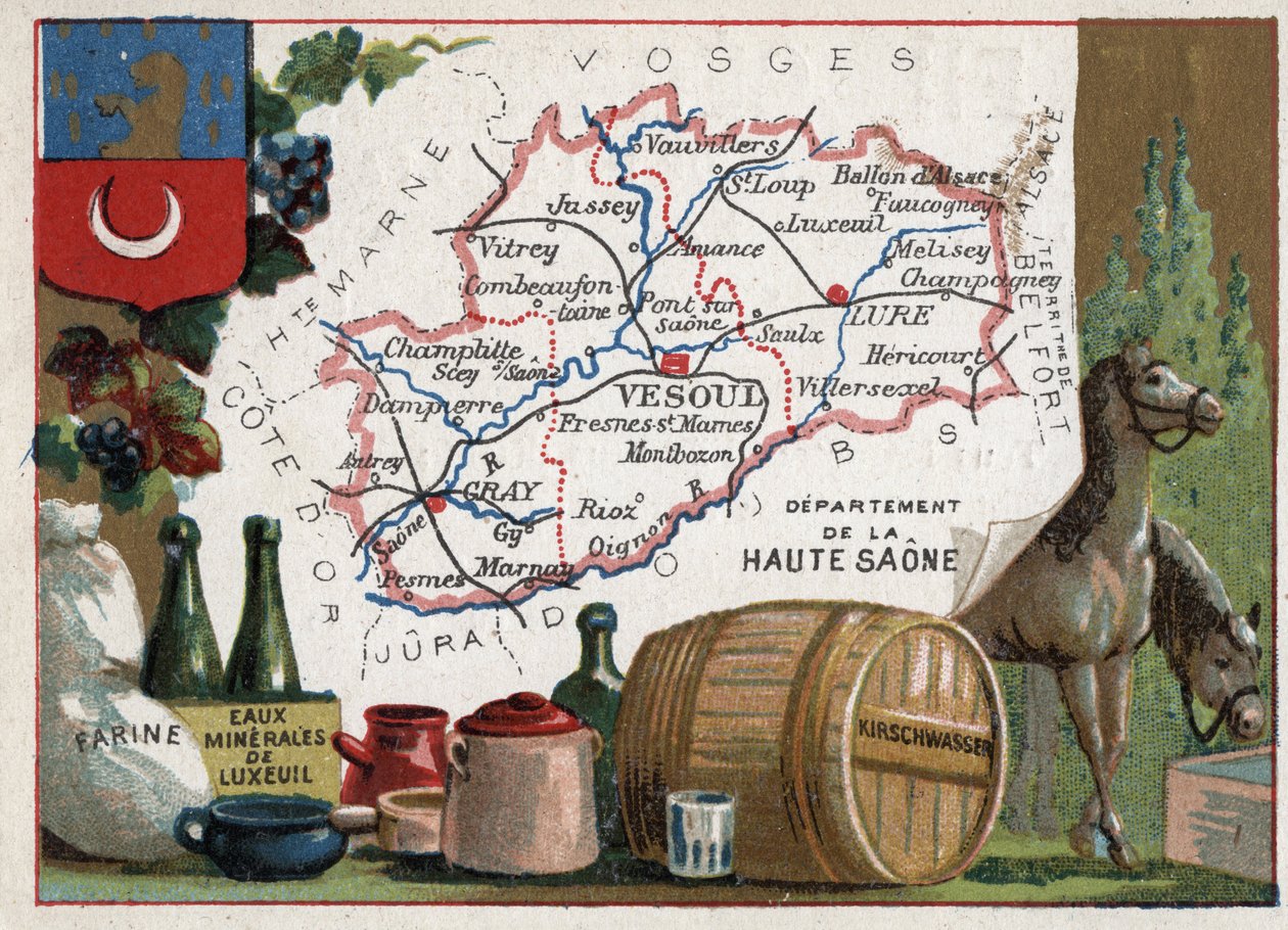 Haute-Saone (Haute Saone, 70), Franche Comte (Franche-Comte), Ranska. Jauhot, Luxeuil Minerales, kirschwasser (kirsch). Sarja Ranskan departementeista. Kromolitografia (Chromo) "" maantieteellinen lanka"", noin 1920. Yksityinen kokoelma. tekijältä French School