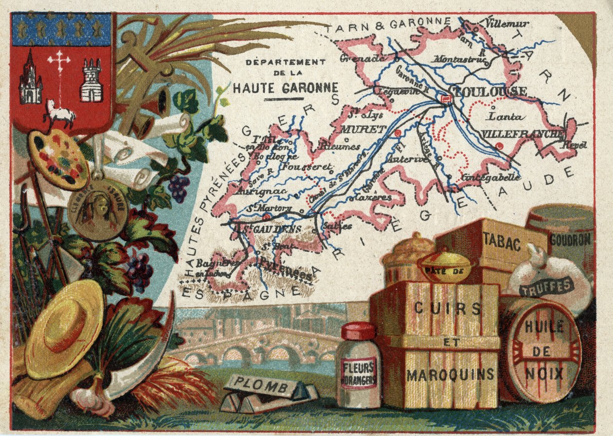 La Haute Garonne (Haute-Garonne, 31), Midi-Pyreneet (Midi Pyrenees), Ranska. Paikallinen erikoisuus: lyijy, appelsiininkukat, tahna, nahka ja nahkatavarat, tupakka, pähkinäöljy, terva ja tryffelit. Sarja Ranskan departementeista. Kromolitografia (Chromo) " tekijältä French School