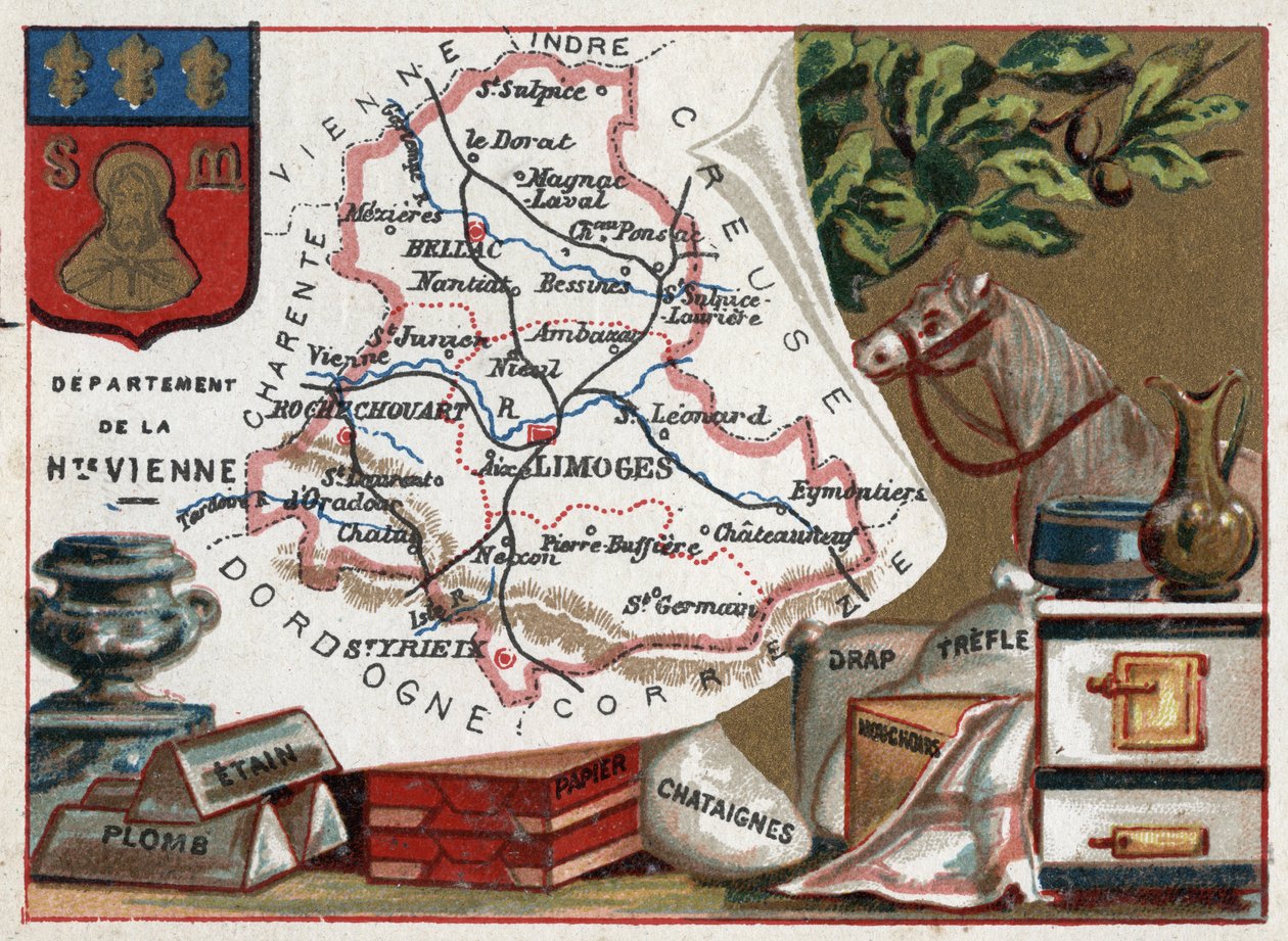 La Haute Vienne (Haute-Vienne, 87), Limousin, Ranska. Tina, lyijy, kastanjapaperi, arkki, apila ja nenäliinat. Sarja Ranskan departementeista. Kromolitografia (Chromo) "" maantieteellinen lanka"", noin 1920. Yksityinen kokoelma. tekijältä French School