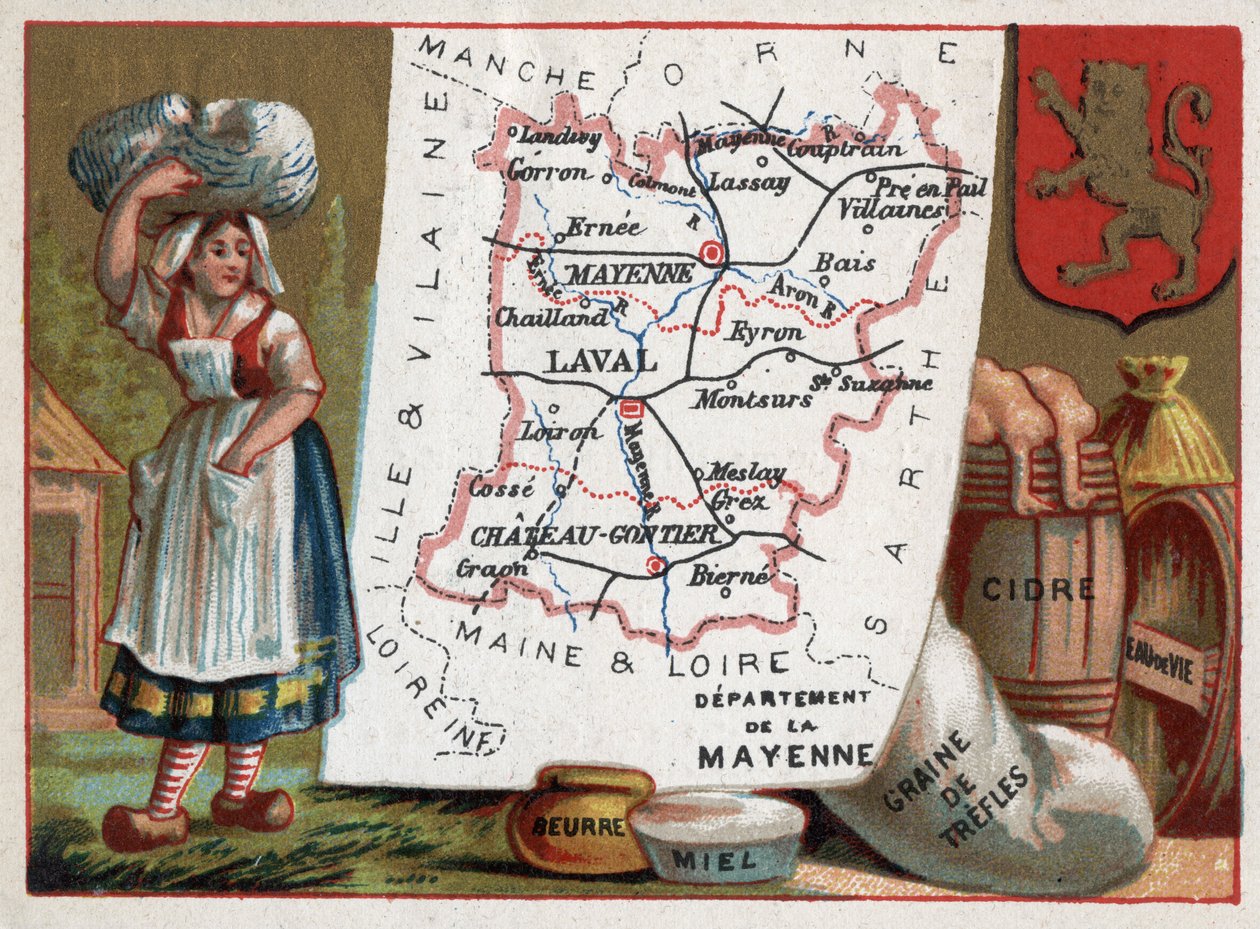 La Mayenne (53), Pays de la Loire, Ranska. Talonpoika, voita, hunajaa, treffelin siemeniä, siideriä ja konjakkia. Sarja Ranskan departementeista. Kromolitografia (Chromo) "" maantieteellinen lanka"", noin 1920. Yksityinen kokoelma. tekijältä French School