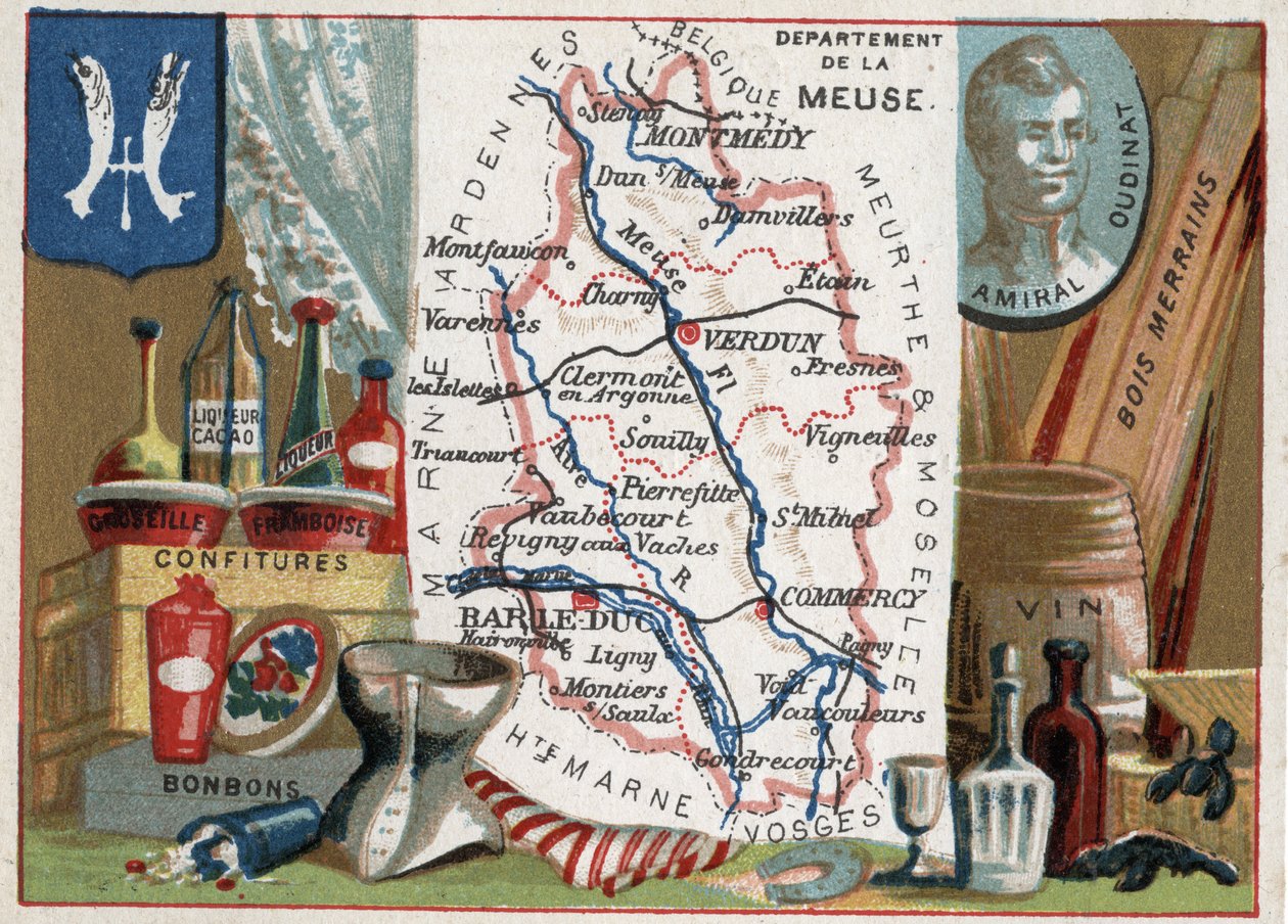 La Meuse (55), Lorraine, Ranska. Muotokuva amiraali Oudinatista (pikemminkin Nicolas Charles Marie Oudinot, Reggion herttua 1767-1847), Imperiumin Marechal. Paikallinen erikoisuus: karviainen ja Frambois-likööri, makeiset, viini ja merrains-metsä. Sarja ra tekijältä French School