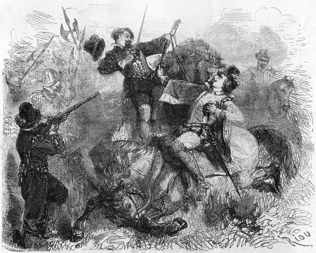 La Renaudie, Limousinin herrasmies, joka taisteli uskonnonvapauden puolesta, kuoli 16. maaliskuuta 1559 taistelun aikana. Teoksessa "" Histoire Populaire de la France"", sd. noin 1885. Kaiverrus. tekijältä French School