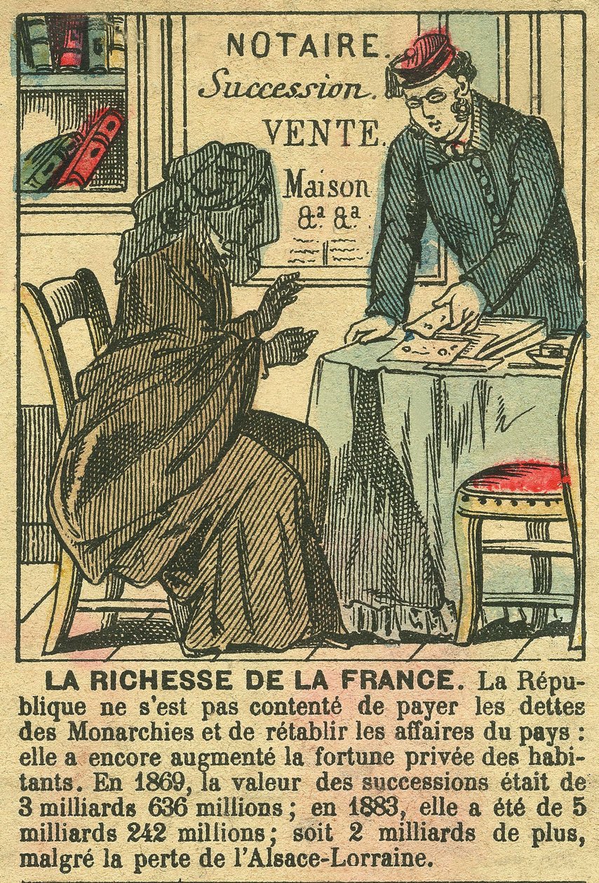 La Riche de la France, joka kuvaa kolmannen tasavallan etuja ranskalaisten henkilökohtaisessa rikastumisessa. Kaiverrus "Le Figaro, supplement" -lehdessä 30.3.1889, Pariisi. tekijältä French School