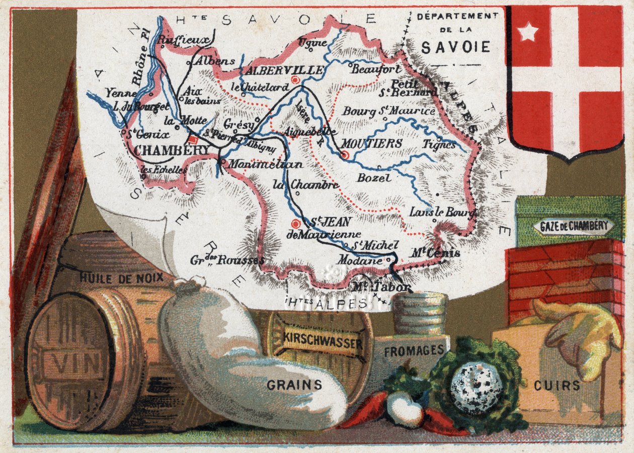 La Savoie (73), Rhône Alpes (Rhône-Alpes), Ranska. Sarja Ranskan departementeista. Paikallinen erikoisuus: saksanpähkinäöljy, viini, jyvät, kirschwasser (kirsch), juusto, kammiomainen sideharso ja nahka. Kromolitografia (Chromo) "" maantieteellinen lanka"" tekijältä French School