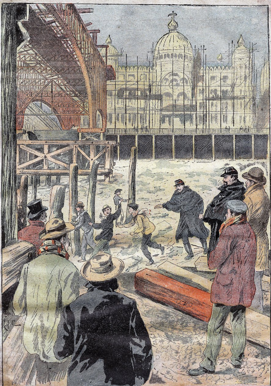 La Seine gelee, lähellä yleisnäyttelyä varten rakennettua rautasiltaa, Pont des Invalidesin vieressä, talvi 1899. Kaiverrus "" Le Pelerin" -kirjaan" 31.12.1899. tekijältä French School