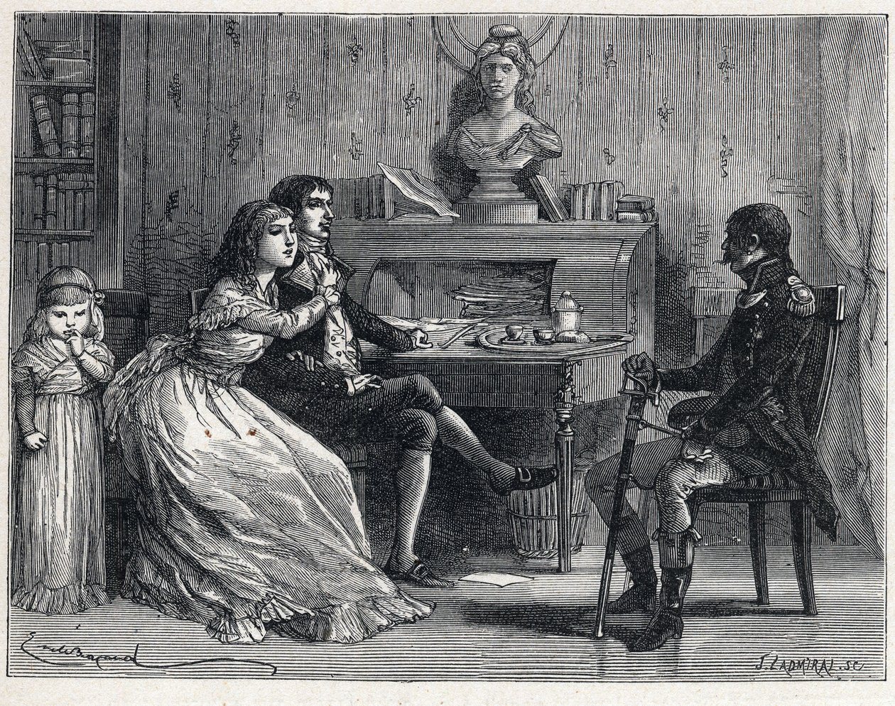 La Terreur Ranskan vallankumouksen aikana: Camille Desmoulins (1760-1794), vangittu, sai vaimonsa Lucilen (1770-1794) ja marekaalin Guillaume Brunen (1763-1815) vierailun tekijältä French School
