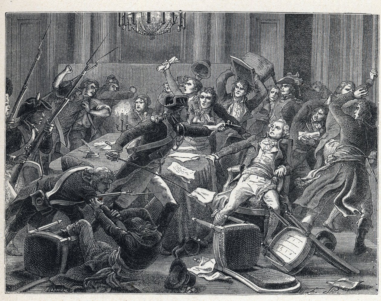 La Terreur Ranskan vallankumouksen aikana: Maximilian de Robespierren (1758-1794) pidätys ja hänen kannattajansa tapasivat uudelleen Hotel de Ville de Parisissa 9. Thermidorin vuosi II (27. heinäkuuta 1794). Keskellä santarmi ampui pistoolilla Robespierrea tekijältä French School
