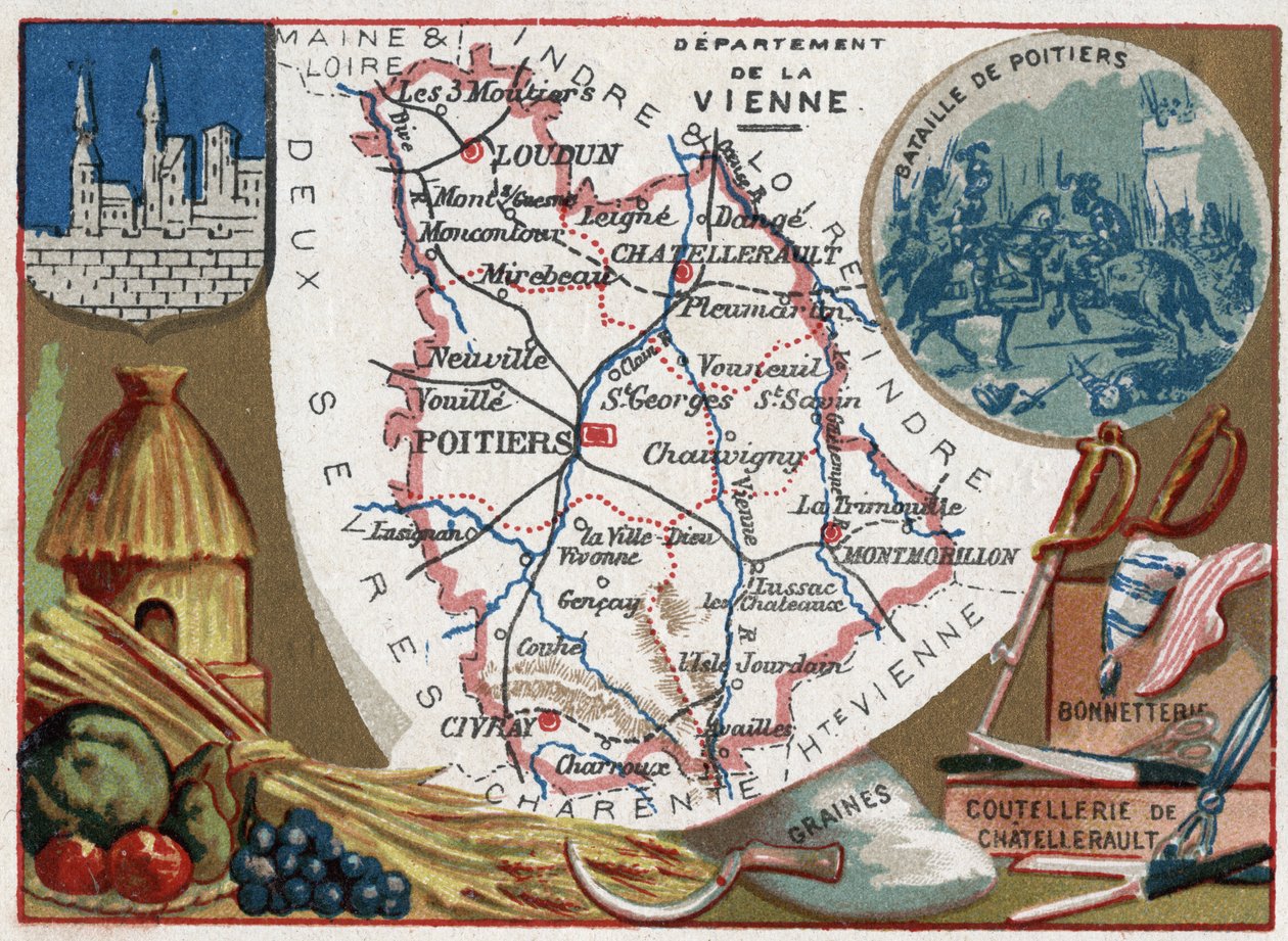 La Vienne (86), Poitou-Charentes (Poitou Charentes), Ranska. Siemenet, Chatellerault-aterimet ja sukat. Sarja Ranskan departementeista. Kromolitografia (Chromo) "" maantieteellinen lanka"", noin 1920. Yksityinen kokoelma. tekijältä French School