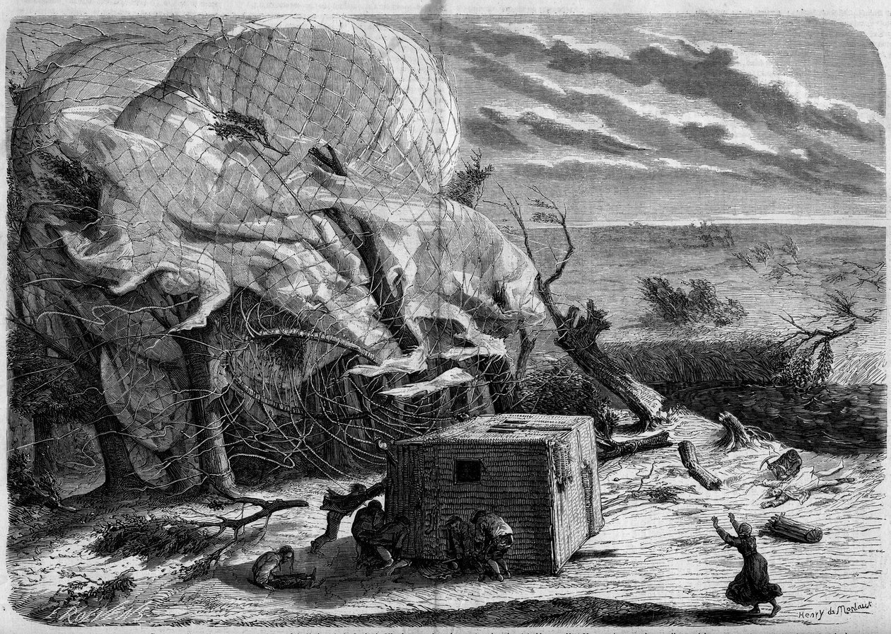 Ilmapallon "Le Geant" putoaminen Hannoverin tasangoilla vuonna 1863 mukana: Jules ja Louis Godard, Felix Nadar, hänen vaimonsa, Fernand Montgolfier ja Thirion. Lentonautit yrittävät pelastaa korin alle jääneen neiti Nadarin. Kaiverrus ""The World Illus tekijältä French School