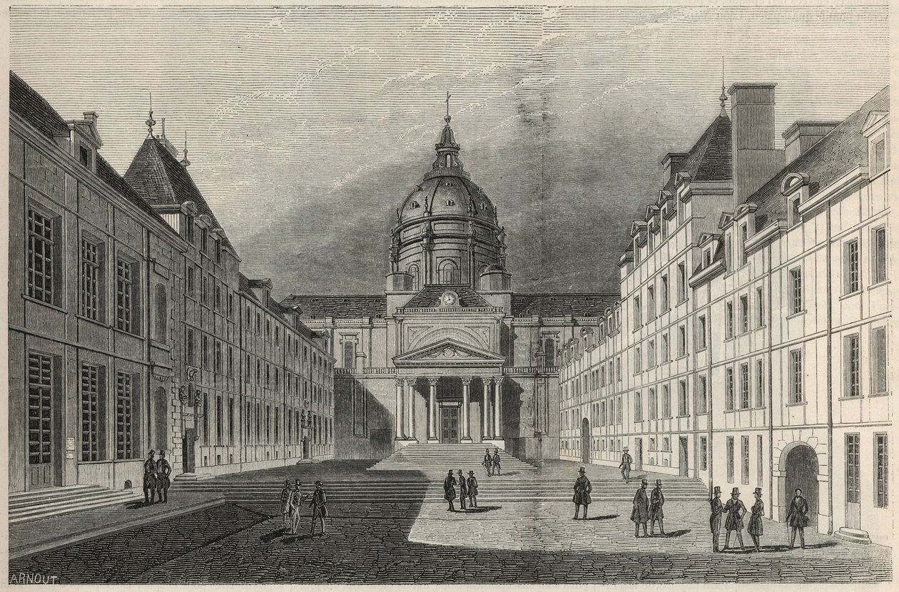 Sorbonnen piha Pariisissa 1800-luvulla - Edmond Texierin kaiverrus "Tableau-de-Paris" 1852 tekijältä French School