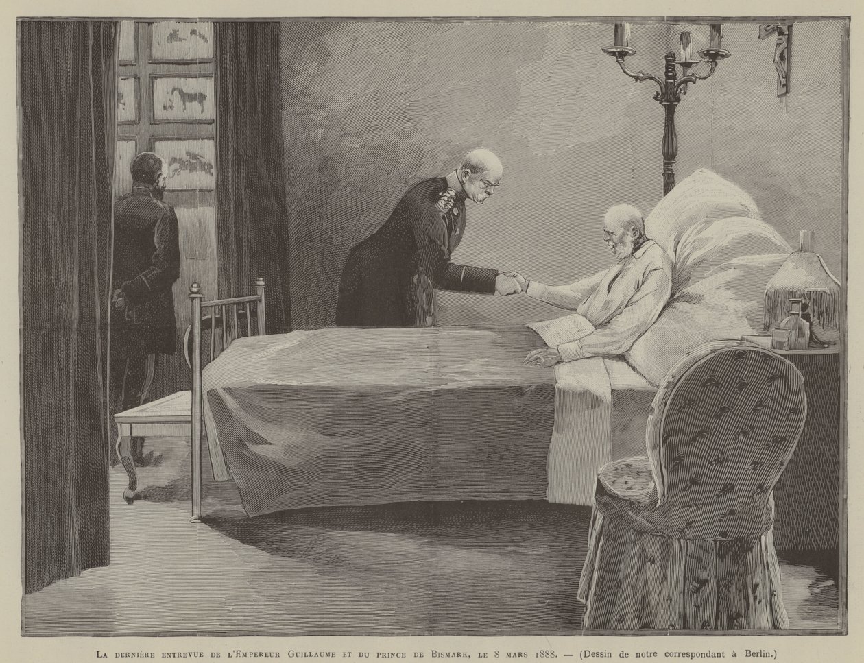 Keisari Vilhelmin ja prinssi Bismarkin viimeinen tapaaminen 8. maaliskuuta 1888 (kaiverrus). tekijältä French School