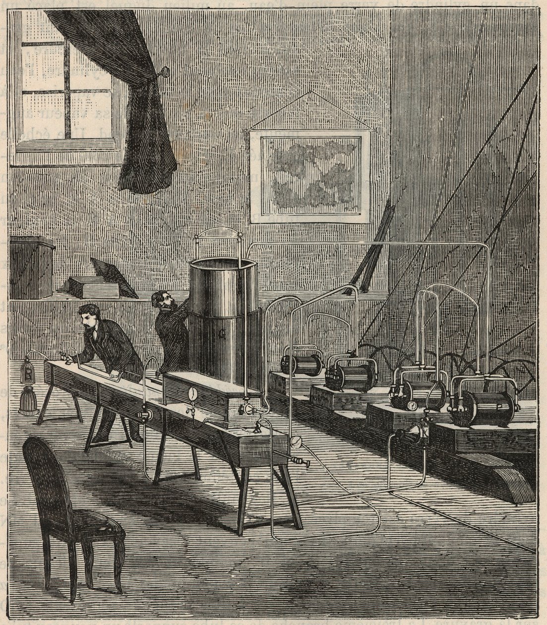 La liquefaction des gaz dans le laboratoire de Raoul Pictet (1878) - Raoul Pierre Pictet (1846-1929) sveitsiläinen fyysikko, suorittaa kokeen vetykaasun nesteyttämiseksi ja kiinteyttämiseksi ja tutki aineiden ominaisuuksia alhaisissa lämpötiloissa - Kaiver tekijältä French School