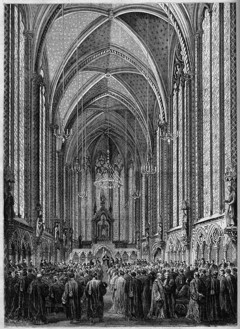 Pyhän Hengen messu, vietetty Sainte Chapellessa Pariisissa tuomarin paluun yhteydessä, 3. marraskuuta 1863. Kaiverrus ""Le Monde Illustre" -julkaisussa n°343 7.11.1863. tekijältä French School
