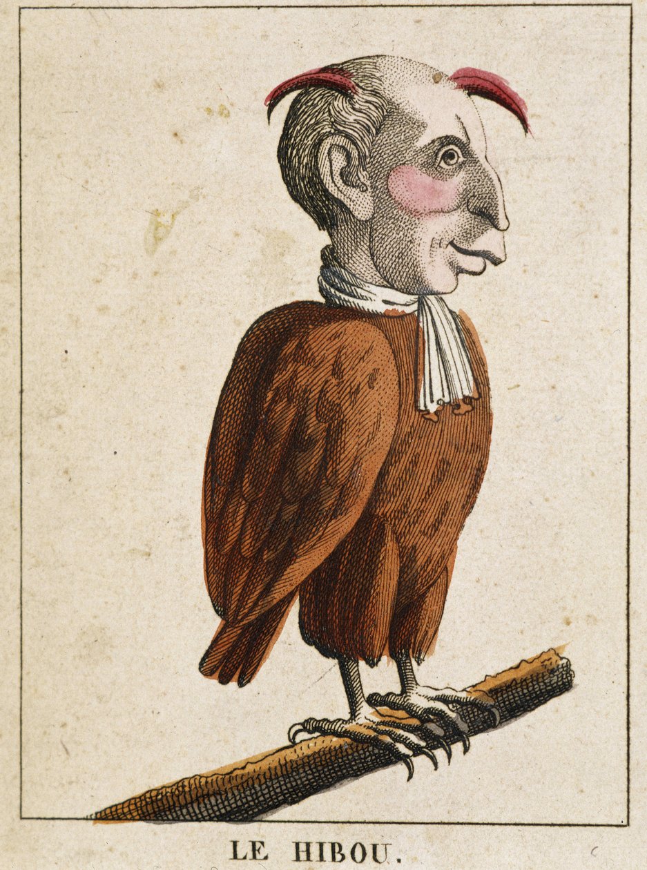 La owl in Caricature, tutkimus luonteesta "" volatile caracterise"" sd. 19., suosittuja kuvia. tekijältä French School