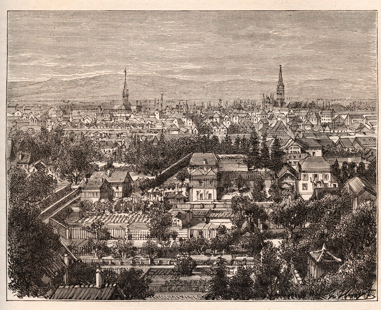 Mulhousen kaupunki (Haut-Rhin) - V.A. Malt-Brownin kaiverrus "La France illustrée: maantiede, historia, tilastohallinto". 1884 tekijältä French School