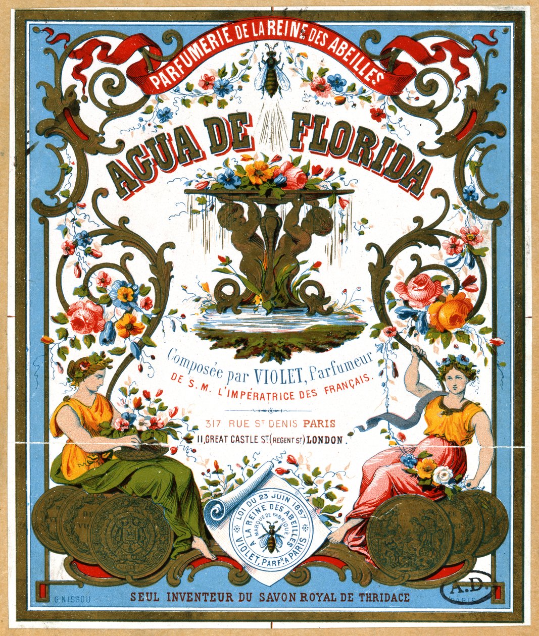 Etikettimainonta Aqua de Florida -hajuvettä hajuvesiliikkeestä La Reine des Abeilles, Pariisi, 1800-luvun toinen puoli tekijältä French School