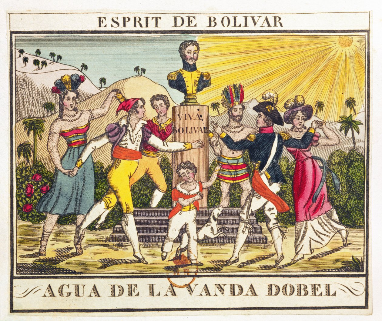 Laventeliveden etiketti, joka herättää Bolivarin hengen, n. 1830 (värikaiverrus) tekijältä French School