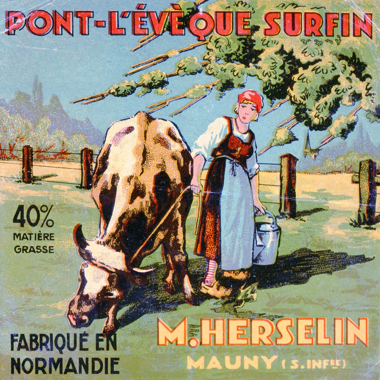 Juustonvalmistaja M. Herselinin Pont-LEveque-juuston etiketti, 1900-luvun alku tekijältä French School